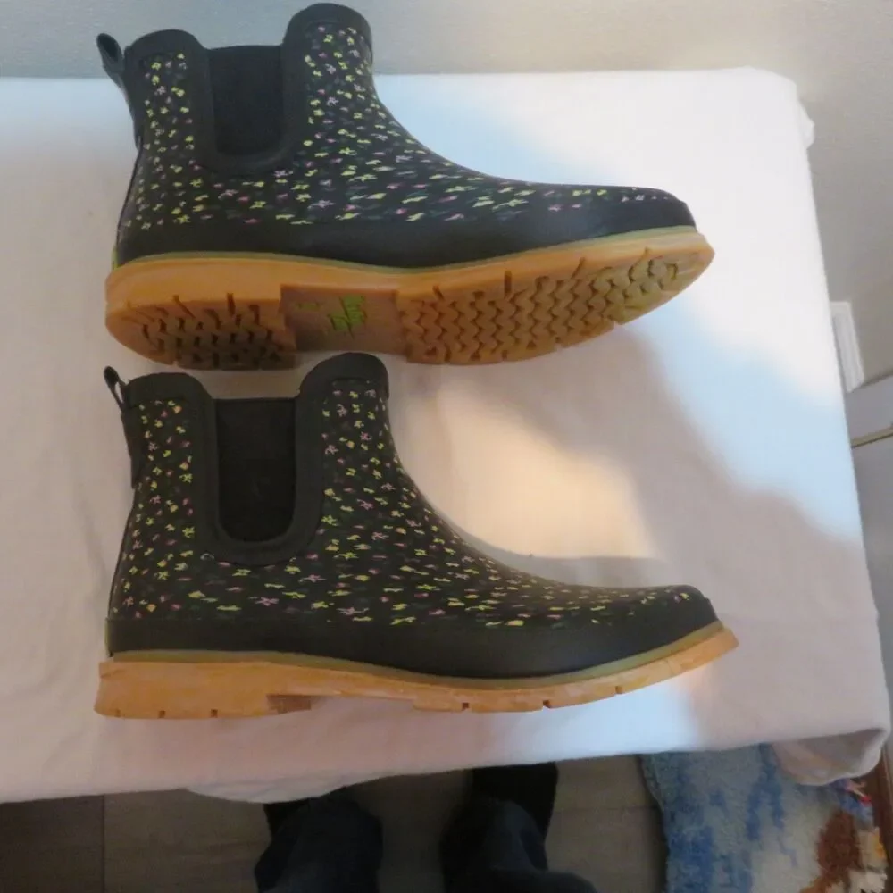 Western Chief Black Floral Chelsea Rain Boots with Pink, Yellow & Green Accents